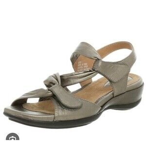New Clarks Women Lucena 87203 Sandal Straps Leather Sz 8.5 M Pewter Metalic Flat